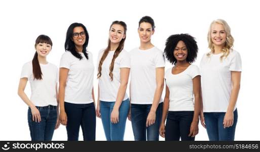 diversity, race, ethnicity and people concept - international group of happy smiling different women in white blank t-shirts. international group of women in white t-shirts