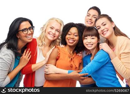 diversity, race, ethnicity and people concept - international group of happy smiling different women over white hugging. international group of happy women hugging