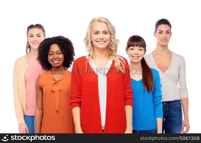 diversity, race, ethnicity and people concept - international group of happy smiling different women over white. international group of happy smiling women