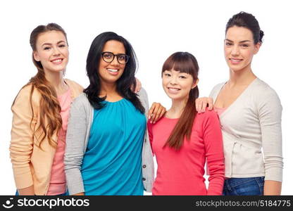 diversity, race, ethnicity and people concept - international group of happy smiling different women over white. international group of happy smiling women