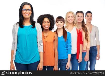 diversity, race, ethnicity and people concept - international group of happy smiling different women over white. international group of happy smiling women
