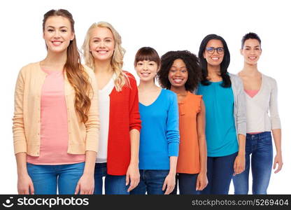 diversity, race, ethnicity and people concept - international group of happy smiling different women over white. international group of happy smiling women