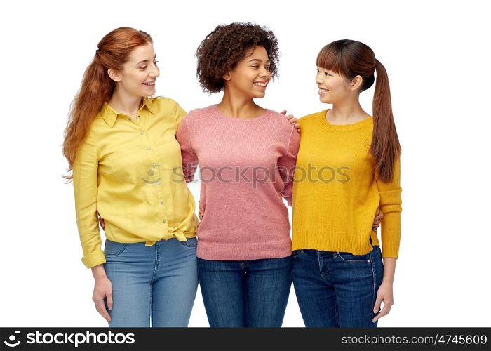 diversity, race, ethnicity, friendship and people concept - international group of happy smiling women hugging over white
