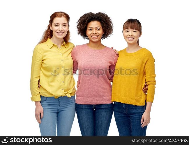 diversity, race, ethnicity, friendship and people concept - international group of happy smiling women over white