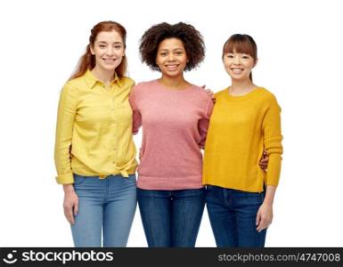 diversity, race, ethnicity, friendship and people concept - international group of happy smiling women over white