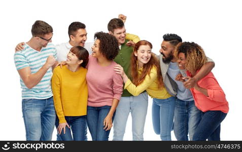 diversity, race, ethnicity, success and people concept - international group of happy smiling men and women celebrating victory over white