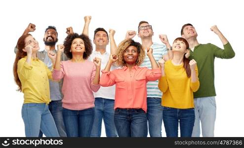diversity, race, ethnicity, success and people concept - international group of happy smiling men and women celebrating victory over white