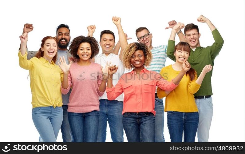 diversity, race, ethnicity, success and people concept - international group of happy smiling men and women celebrating victory over white