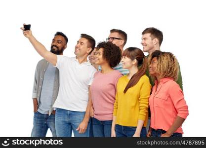 diversity, race, ethnicity, technology and people concept - international group of happy smiling men and women taking selfie by smartphone over white