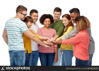 diversity, teamwork, race, ethnicity and people concept - international group of happy smiling men and women holding hands together over white