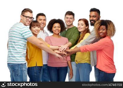 diversity, teamwork, race, ethnicity and people concept - international group of happy smiling men and women holding hands together over white