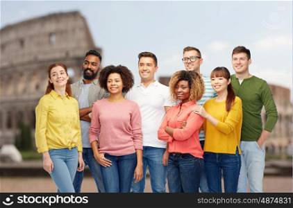 diversity, travel, tourism and people concept - international group of happy smiling men and women over coliseum background