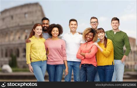 diversity, travel, tourism and people concept - international group of happy smiling men and women over coliseum background. international group of happy people over coliseum