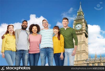 diversity, travel, tourism and people concept - international group of happy smiling men and women over london city and big ben tower background. international group of happy people over big ben