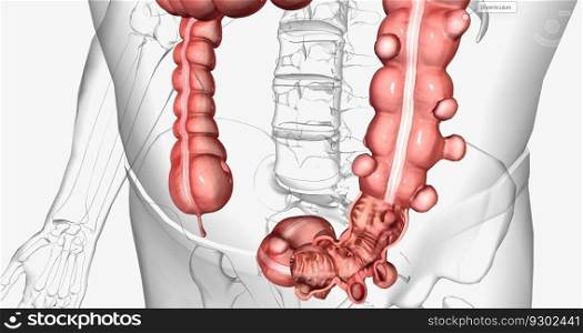 Diverticulosis is a condition characterized by the formation of diverticula in the walls of the intestines. 3D rendering. Diverticulosis is a condition characterized by the formation of diverticula in the walls of the intestines.