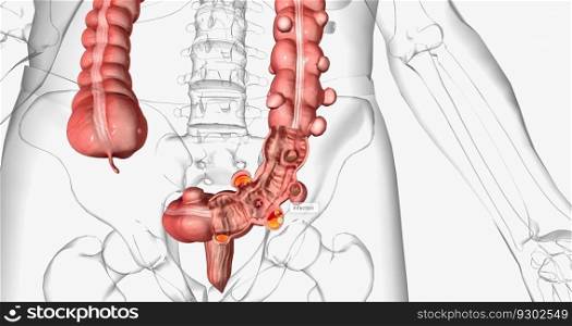 Diverticulosis occurs when small, bulging pouches develop in your digestive tract. 3D rendering. Diverticulosis occurs when small, bulging pouches develop in your digestive tract.