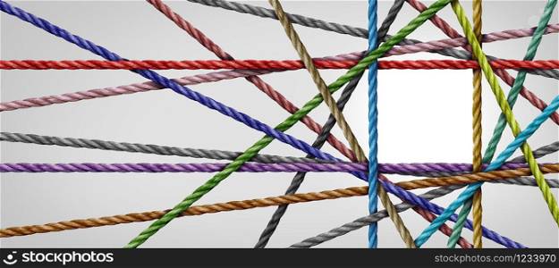 Divesisty connection and square shaped group of ropes creating a centralized angular shape as a connect concept for business or social media.