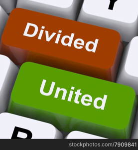 Divided And United Keys Show Partnership Or Teamwork. Divided And United Keys Showing Partnership Or Teamwork