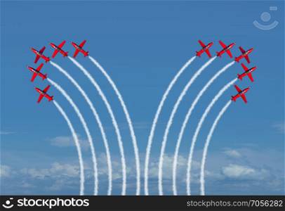 Divided group concept as a business metaphor for disagreement and parting ways as two groups of jet airplanes bending away from eah team as a 3D render.