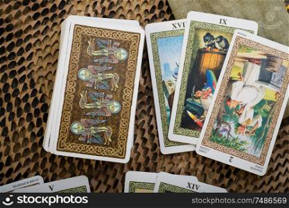 divination card Tarot set up. close up