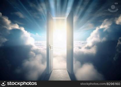 divine doors to heaven in blue sky generative ai.