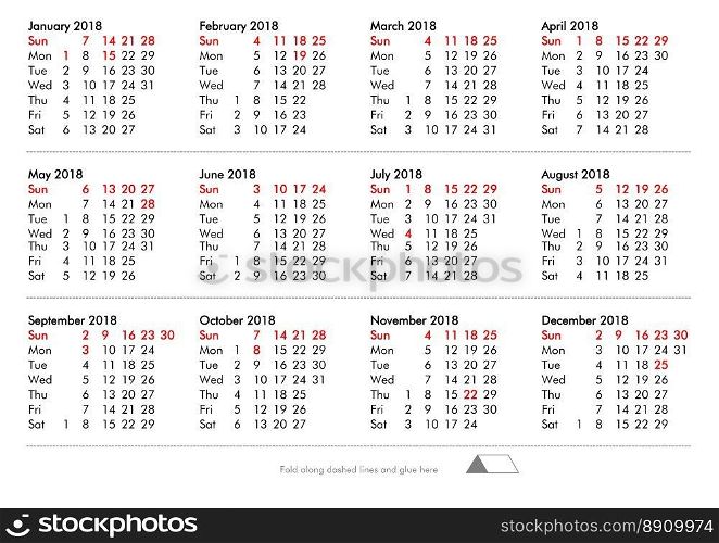 DIY fold and glue year 2018 calendar - United States Of America. DIY fold and glue American calendar of year 2018 with public holidays and bank holidays for United States Of America