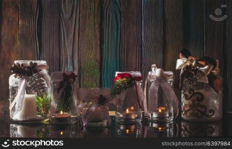 DIY glass candlesticks Christmas decor with lace and ribbons. Christmas glass candlesticks