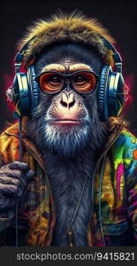 DJ Monkey in Headphones and Suit. Generative ai. High quality illustration. DJ Monkey in Headphones and Suit. Generative ai