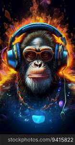 DJ Monkey in Headphones and Suit. Generative ai. High quality illustration. DJ Monkey in Headphones and Suit. Generative ai