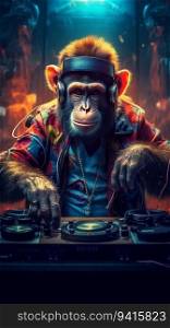 DJ Monkey in Headphones and Suit. Generative ai. High quality illustration. DJ Monkey in Headphones and Suit. Generative ai