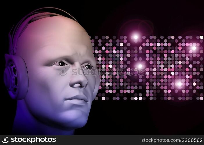 DJ with headphones and abstract nightclub lights dots background. 3d illustration.