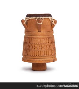 Djembe, Surinam percussion, handmade wooden drum with goat skin, ethnic musical instrument of carved wood and leather membrane, isolated