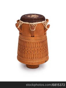 Djembe, Surinam percussion, handmade wooden drum with goat skin, ethnic musical instrument of carved wood and leather membrane, isolated