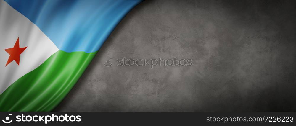 Djibouti flag on concrete wall. Horizontal panoramic banner. 3D illustration. Djibouti flag on concrete wall banner