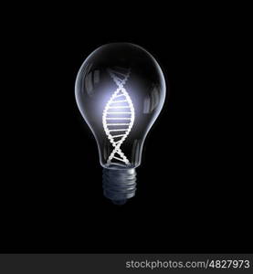 DNA concept. Glass light bulb with DNA molecule on black bakground