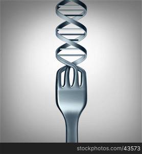 DNA food and genetically modified foods concept as metal dinner fork in the shape of a double helix as a symbol for gene altered nutrition or eating a GMO product as a 3D illustration.
