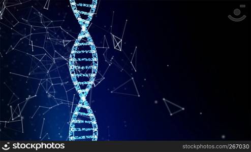 DNA, helix model medicine and network connection lines isolated on black background. Abstract futuristic technology structure in science, medical, and chemistry concept, 3d illustration.