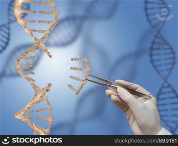 DNA molecule and a hand with tweezers. 3d render.