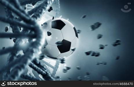 DNA molecule and ball. Biochemistry concept with DNA molecule broken with soccer ball