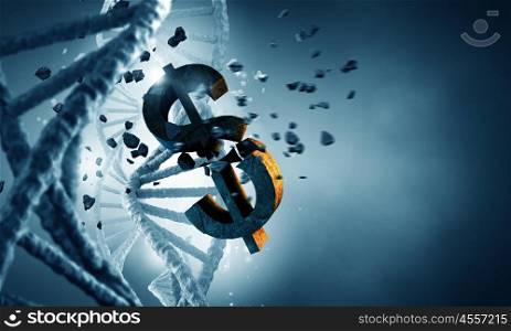 DNA molecule and dollar sign. Conceptual background image with broken dollar sign and DNA molecule