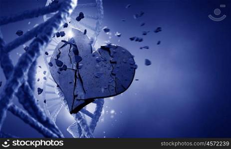 DNA molecule and heart. Biochemistry concept with DNA molecule and broken stone heart