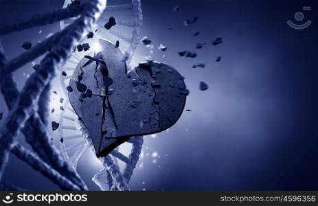DNA molecule and heart. Biochemistry concept with DNA molecule and broken stone heart