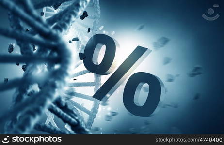 DNA molecule and interest ign. Conceptual background image with interest sign and DNA molecule