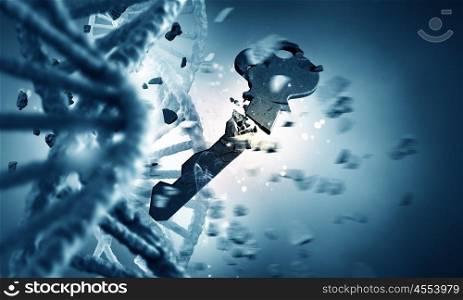 DNA molecule and key. Conceptual image with DNA molecule and broken key