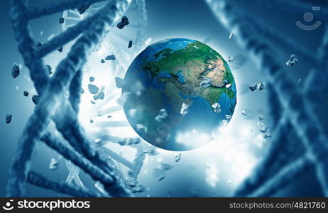 DNA molecule as biochemistry concept. Earth planet inside DNA molecule. Elements of this image are furnished by NASA