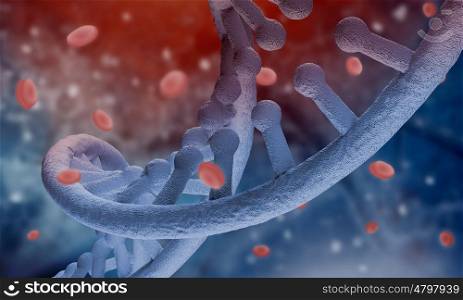 DNA molecule. Biochemistry background concept with high tech dna molecule and blood cells