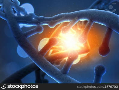 DNA molecule. Concept of biochemistry with dna molecule on blue background