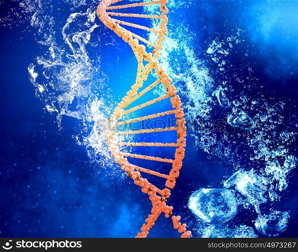 DNA molecule in water. DNA molecule in clear crystal blue water