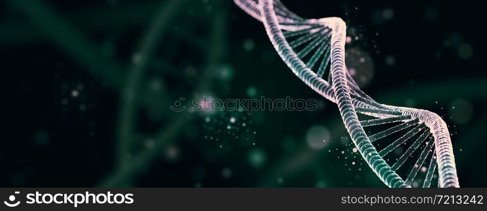 DNA molecule spiral structures dark background. Biology, science and medical technology concept. 3D illustration