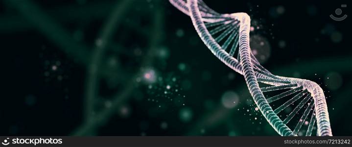 DNA molecule spiral structures dark background. Biology, science and medical technology concept. 3D illustration